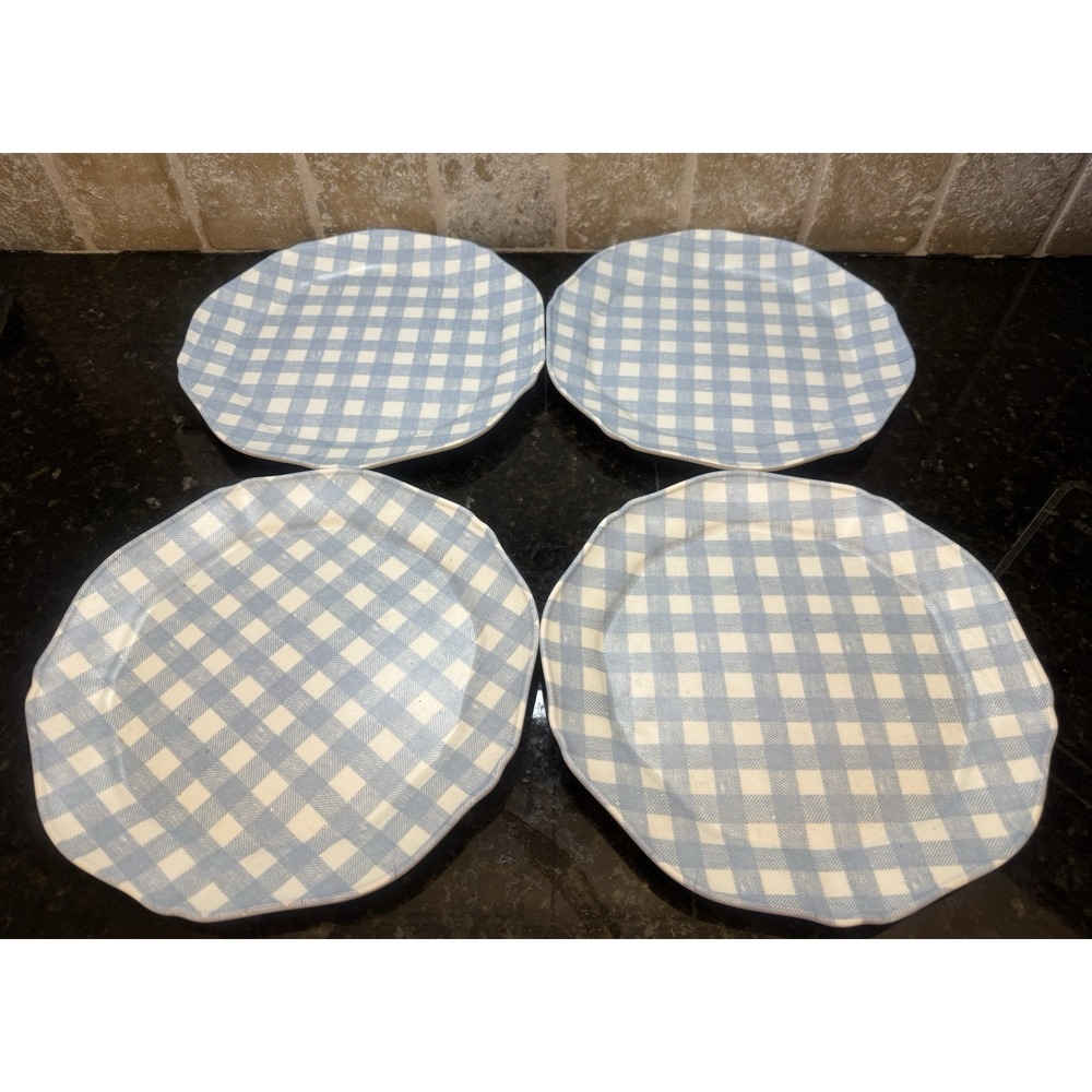 4 Threshold Blue/White Plaid Gingham Checkered Matte Finish 10.5" Dinner Plates